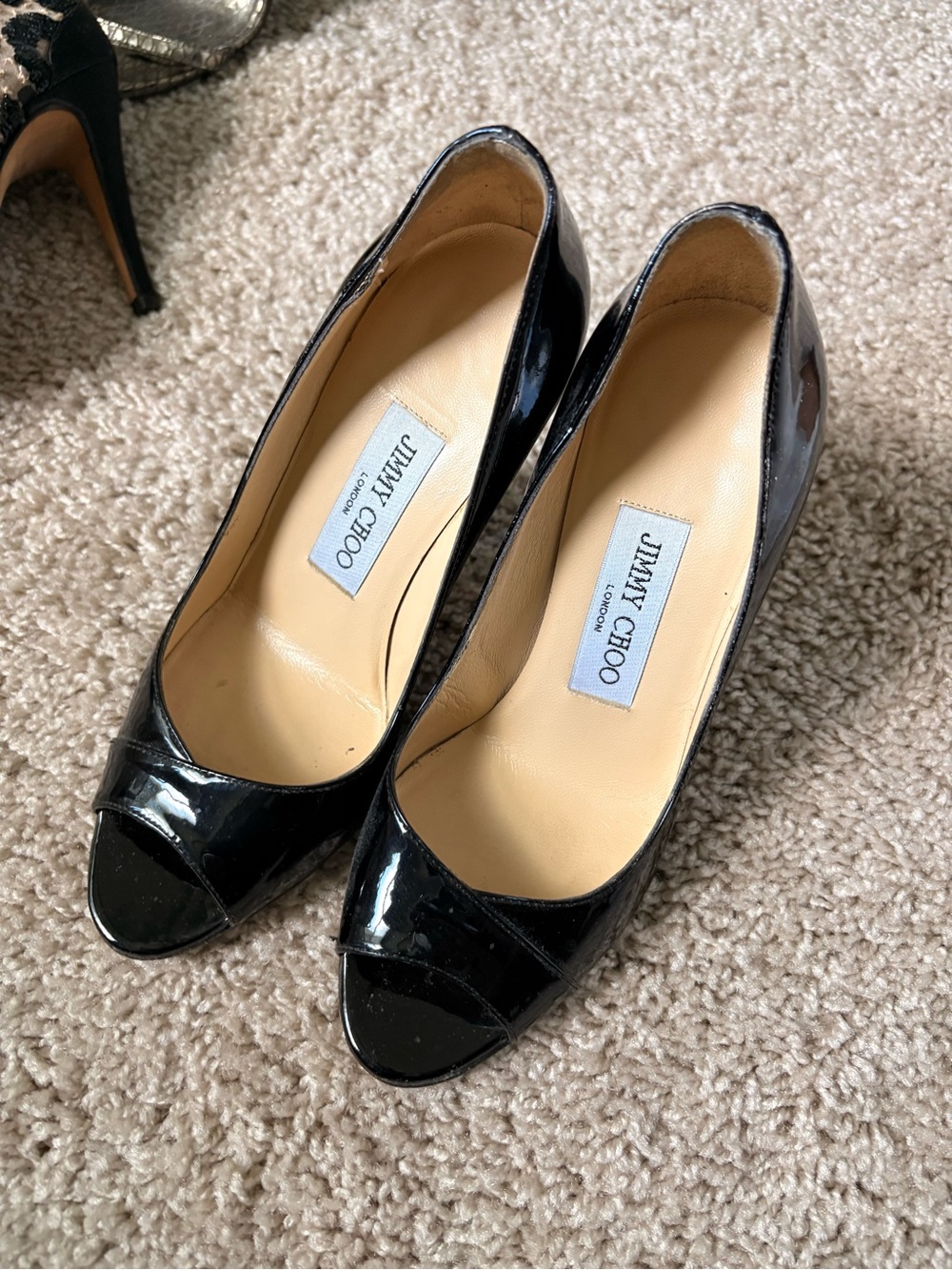 Jimmy Choo Black Patent Leather Peep-Toe Pumps